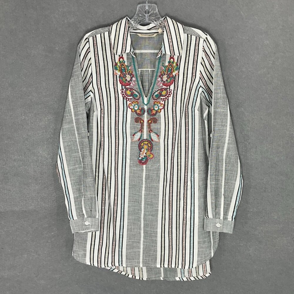 Soft Surroundings Top Women XS Floral Embroidery Cotton V-Neck Stripe Textured